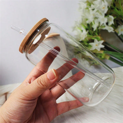 50pcs/Case 16oz Sublimation Half Clear Half Frosted Glass Cup With Bamboo Lids And Straws