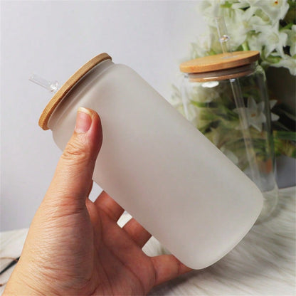 50pcs/Case 16oz Sublimation Half Clear Half Frosted Glass Cup With Bamboo Lids And Straws