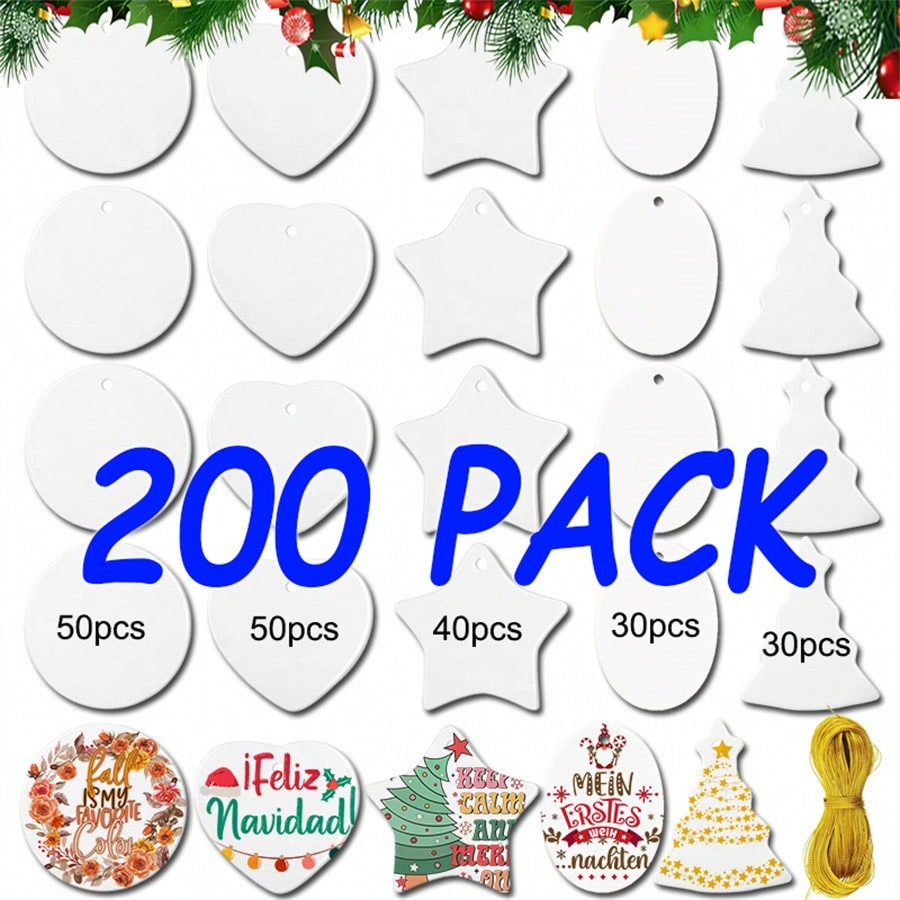 200 PACK Sublimation Blanks Ceramic Ornaments Mixed 5 Shapes