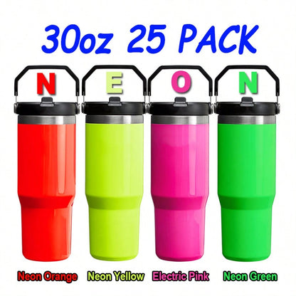 25 PACK 30oz Neon Fluorescence Colors Sublimation Tumbler With Handle And Straw Lid (Pink, Orange, Yellow, Orange)