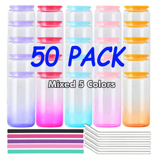 50 PACK 16oz Sublimation Ombre Colors Glass Cup With Plastic Lids And Straws