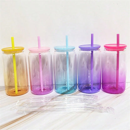 50 PACK 16oz Sublimation Ombre Colors Glass Cup With Plastic Lids And Straws