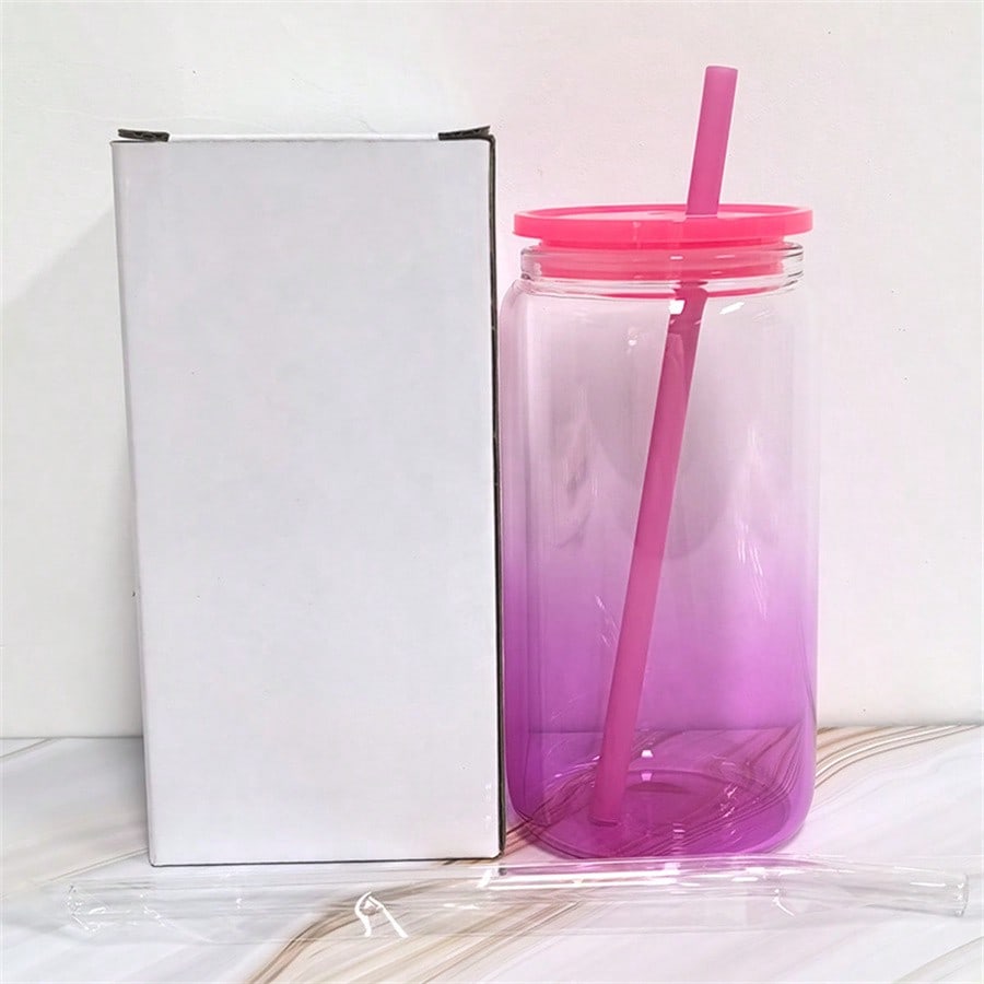 50 PACK 16oz Sublimation Ombre Colors Glass Cup With Plastic Lids And Straws