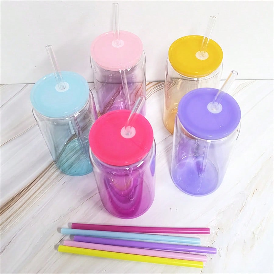 50 PACK 16oz Sublimation Ombre Colors Glass Cup With Plastic Lids And Straws