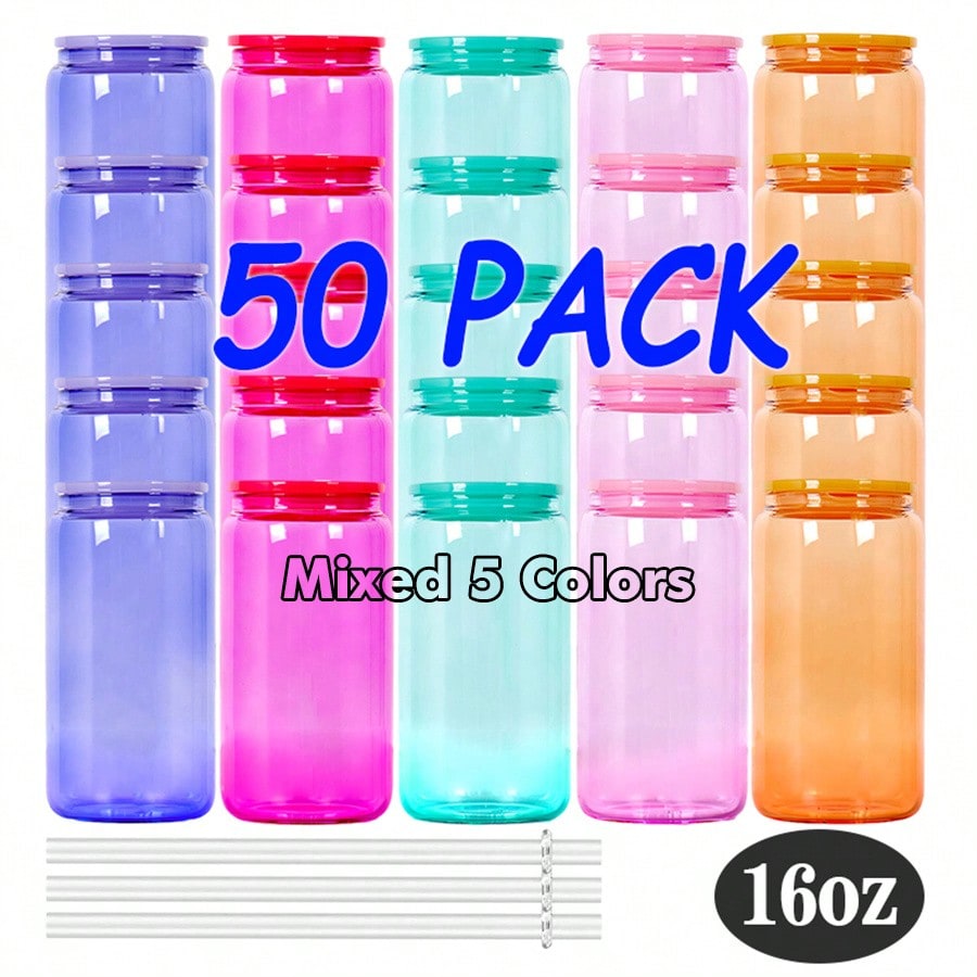 50 PACK 16oz Sublimation Jelly Colored Glass Cup With Plastic Lids And Straws