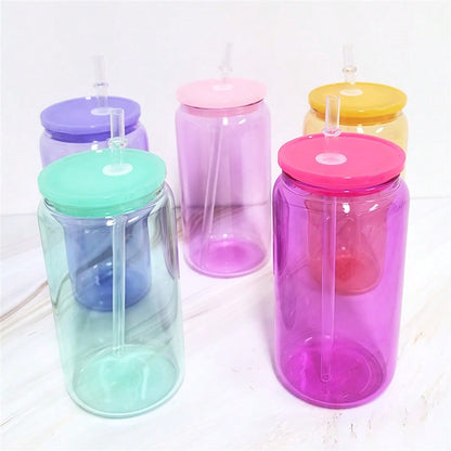 50 PACK 16oz Sublimation Jelly Colored Glass Cup With Plastic Lids And Straws