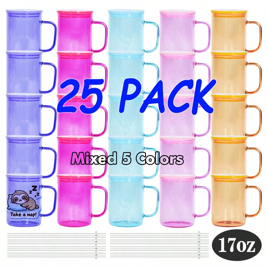 25pcs/Case 17oz Sublimation Jelly Colored Glass Coffee Mug With Plastic Lids And Straws